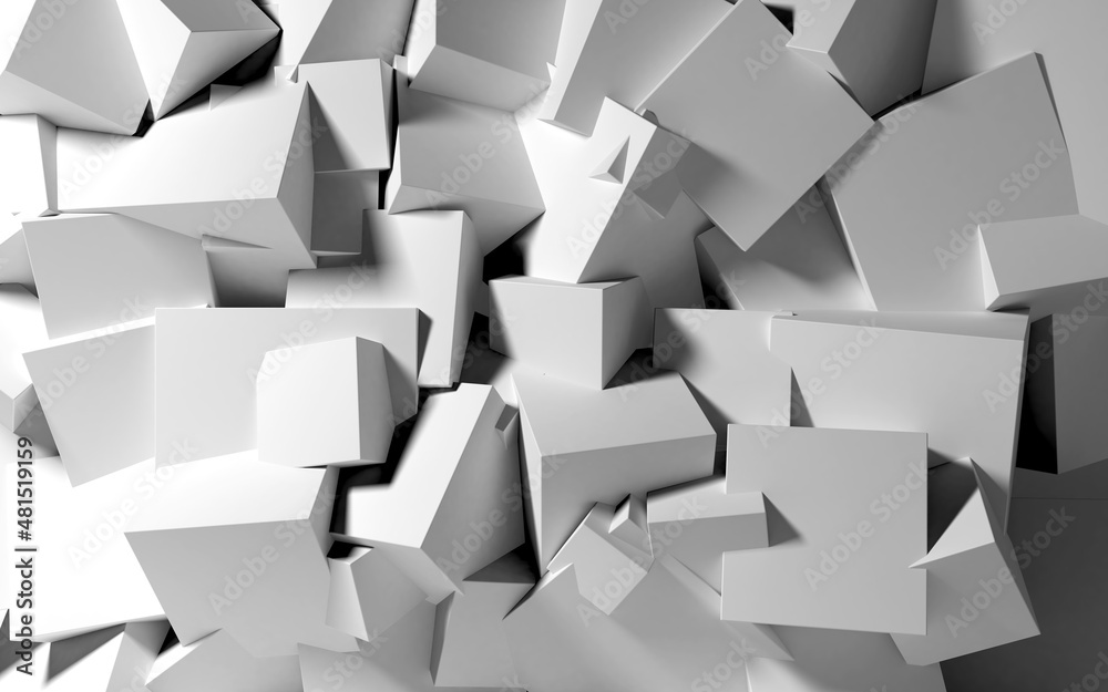 Poster Abstract background with white 3D shapes flying in the light as a messy array or chaotic structure for any pastel backdrop