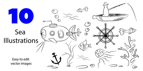 set doodle marine illustrations boat, fisherman, fish, jellyfish, bathyscaphe, algae