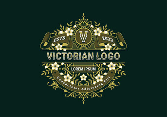 Fototapeta na wymiar Elegance Victorian Logo Template With Flowers And Leaves Ornament