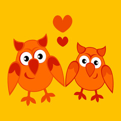 two owls in love with hearts. Cartoon birds. Pastiche. Children drawing