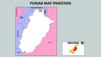 Punjab Map. Political map of Punjab. Punjab Map of Pakistan with neighboring countries and borders.