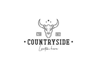 Texas Longhorn Cow, Country Western Bull Cattle Vintage Label Logo Design for Family Countryside Farm