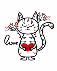  Vector illustration of cute tabby cat for Valentine's day. Valentine's Day card. Kid's illustration of a cat in doodle style.