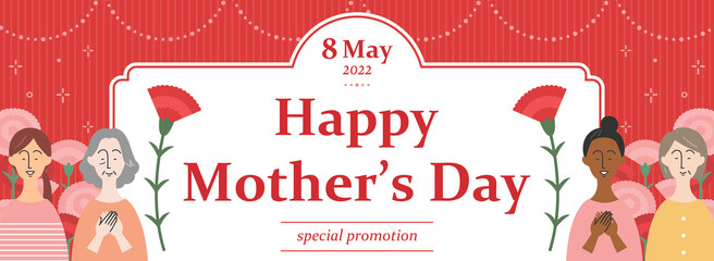 母の日　バナーテンプレート／色々な人種の女性とカーネーション（英語）