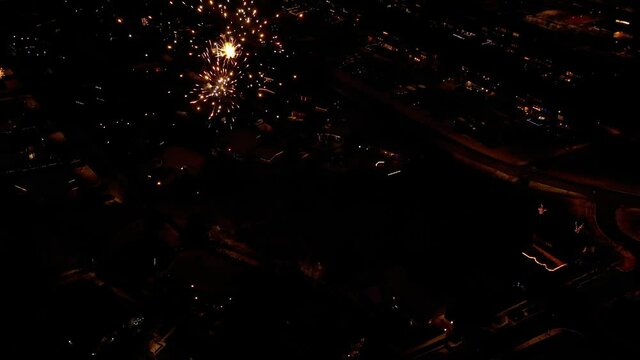 Fly Over The City Of Iceland With Exploding Fireworks During New Year's Eve. Aerial
