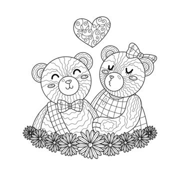 Sweet kiss teddy bear. Couple together celebrate valentine day. Coloring book page for adult with doodle and zentangle elements. Vector hand drawn isolated.