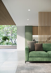Japandi style living room interior design and decoration. green sofa in living room. 3d rendering vertical. apartment concepts