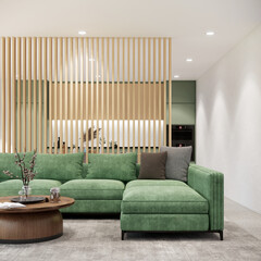 Japandi style living room interior design and decoration. green sofa in the room. 3d rendering. apartment design concept