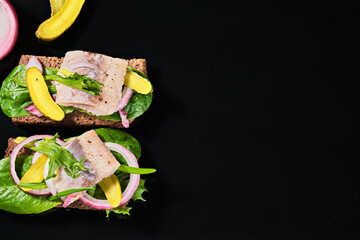 Open sandwich with young herring is a traditional Danish smorrebrod. Sandwiches with matias herring...