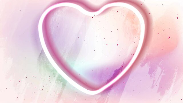 Neon glowing heart on pastel grunge watercolor background. Valentines Day abstract motion design. Seamless looping. Video animation Ultra HD 4K 3840x2160