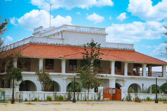 Tharangambadi, Tamil Nadu, India - October 2022: Vintage architecture of an old white building on the streets of the former Danish trading town Old buildings in European architecture in India, 