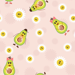 Avocado smile, pattern. Happy emotions on the face of kids character. Half of exotic fruit seamless pattern for baby. Daisies, chamomile with avocado, a cheerful children's background. Vector
