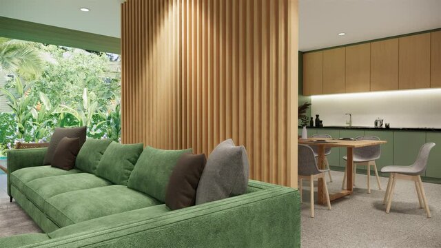 interior of modern japandi apartment with furniture and swimming pool. contemporary style, video 4k animation