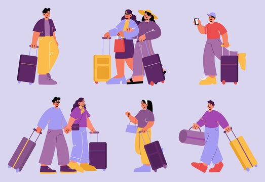 Tourists travel with suitcases and bag. Men, women, friends and couple with luggage go in journey. Vector cartoon illustration of people with baggage isolated on background