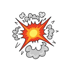 Comic explosion. Bomb explosion, meteorite fall, smoke cloud or fire flash. Atomic boom or dynamite detonation, doodle style, vector cartoon hand drawn color isolated single illustration