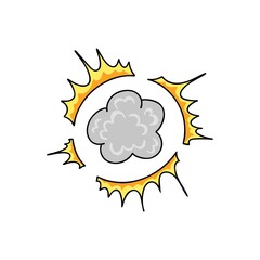 Comic explosion. Bomb explosion, meteorite fall, smoke cloud or fire flash. Atomic boom or dynamite detonation, doodle style, vector cartoon hand drawn color isolated single illustration