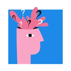 Mental health. Psychology concept. Questions in thoughts. Abstract human head. Mental disorder and psychotherapy. Solve emotional problems problems. Vector cartoon flat isolated illustration