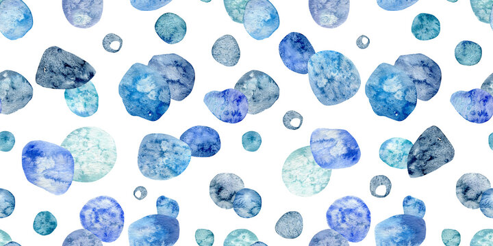 Watercolor hand drawn seamless pattern with the image of paired blue stones on a white background. Pebbles and cobblestones.
