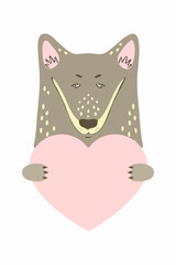 Cute cartoon animal holds a heart sign with copy space. set valentine's day greeting card banner invitation flyer brochure. cartoon hand drawn style. Little animals pets in love, declaration of love