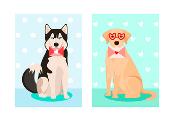 Postcards with cute dogs with envelopes. Cartoon design.

