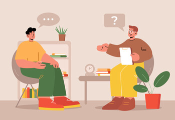 Patient in psychologist office. Man talking to practitioner sit at chair in cabinet. Therapist session in mental health clinic, character share problems with doctor. Line art flat vector illustration