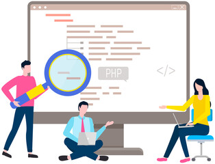 Programmer engineering and coding. Coder programmers working on web development on computer. Concept of script coding and programming in php, javascript, python, other languages. Software developers