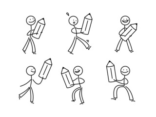 シンプルな棒人間のイラストセット　鉛筆を持つ