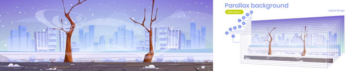 Parallax background winter city street with bare trees, blizzard and snowdrifts. 2d Urban cityscape with buildings skyline at wintertime season, separated layers for game animation Vector illustration © klyaksun