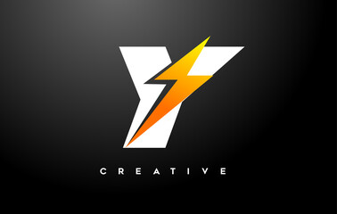 Obraz premium Y letter Logo Design With thunderbold sign icon Vector. Thunder Letter Creative Logo Design.