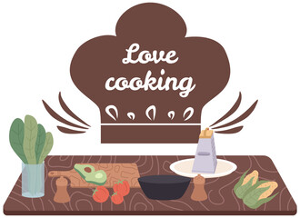 Premium cooking class design elements. Kitchen emblem, food studio label. Culinary school badge. Hand drawn lettering for cooking masterclass. Process of food preparation, ingredients for dish concept