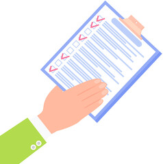 Clipboard with checklist, daily plan with tick marks. Human hand points to checklist, to do list. Check sheet, scheduling timetable, planning schedule, time management, task completed concept