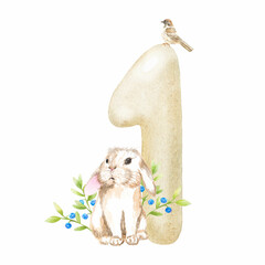 Watercolor number one with funny bunny. Great for print, web, textile design, souvenirs, scrapbooking.