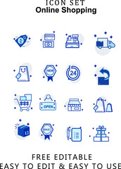 Icon set tools online shopping  blue dark collor
