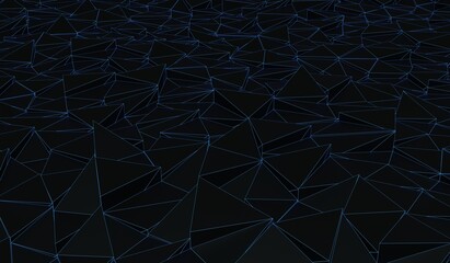 Black polygonal abstract background with blue neon outline. 3D render low poly illustration.