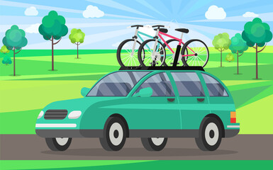 Offroad car with bicycle on roof vector isolated automobile transport. Car tourism concept. Time to travel illustration. Crossover with two bicycles mounted on roof rack. Modern station wagon car