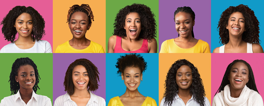 Young black women smiling over studio backgrounds, set of portraits