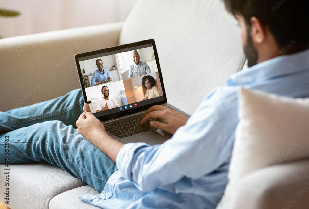 Poster distant communication. man using laptop for online chat with group of colleagues