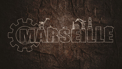 Gear with sea shipping relative silhouettes.. Calligraphy inscription. Marseille city name text
