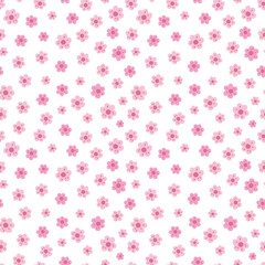 Cute pink flowers seamless pattern. Vector endless white background with Sakura blossom. Spring design with floral elements
