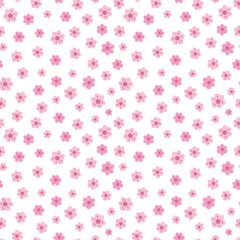 Cute pink flowers seamless pattern. Vector endless white background with Sakura blossom. Spring design with floral elements