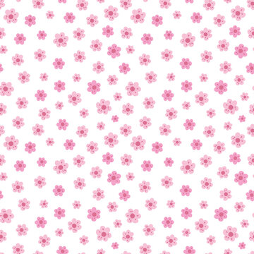 Cute pink flowers seamless pattern. Vector endless white background with Sakura blossom. Spring design with floral elements