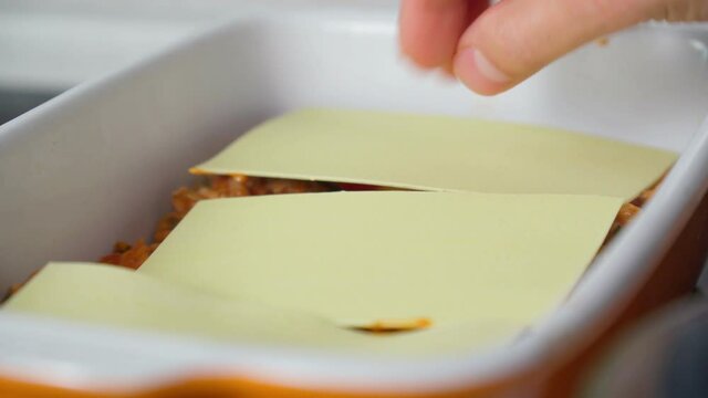 Recipe for homemade lasagna with tomato sauce and meat recipe. Selective focus
