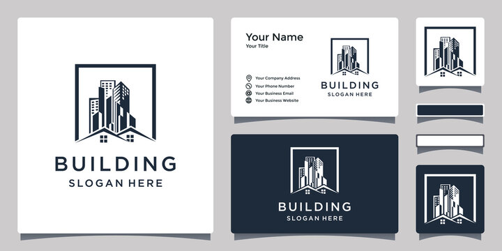 Building construction, modern house and apartment logo design inspiration, logo design and business cards