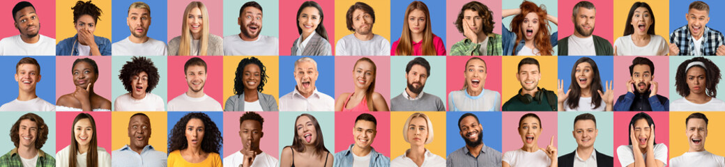Fototapeta na wymiar Set of diverse real people portraits expressing various emotions at camera over bright studio backgrounds, panorama