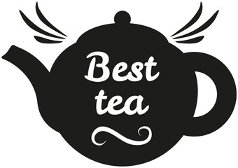 Hand drawn lettering for teahouse label. Phrase, outline of expression best tea. Idea for poster, postcard about tea drinking, bun-fight. Icon of boiling kettle isolated on white background