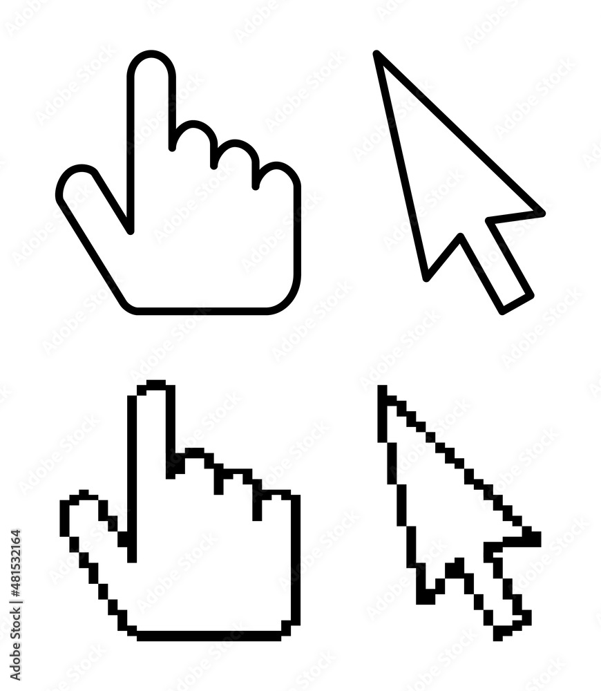 Poster mouse cursor icons isolated. hand with finger and arrow pointer. pixel and line design for computer,