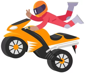 Foto op Plexiglas Young man in helmet riding motorcycle on white background. Hipster brave motorcyclist driving motorcycle on road doing stunts. Guy is engaged in extreme sports. Riding bike in park or motocross © robu_s
