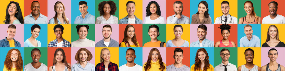 Fototapeta na wymiar Mosaic With Happy Multiethnic Millennial People Smiling Over Multicolored Background