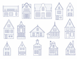 Amsterdam houses. Facades of European old buildings. Holland homes. Vector set outline illustration