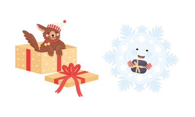 Fototapeta premium Cute Dog Sitting in Gift Box Wearing Santa Hat and Snowflake Holding Present Vector Set
